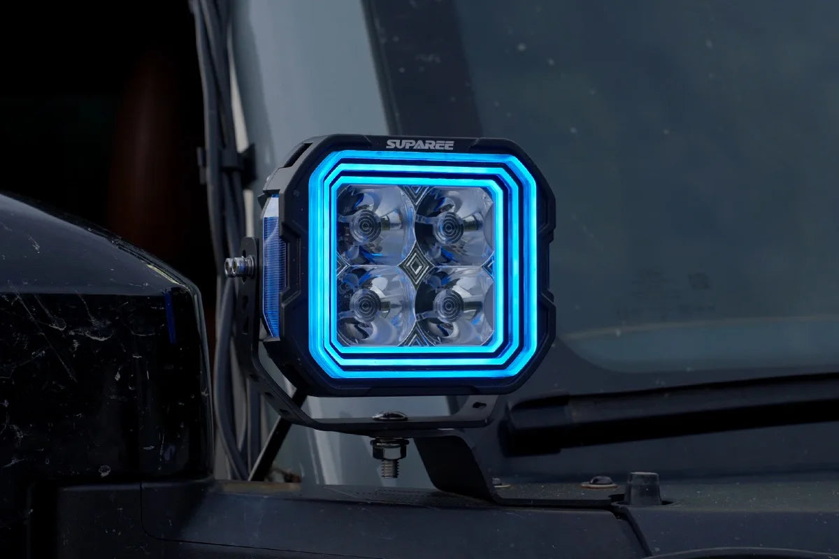 Hyper 5 RGBW LED pod light showing a blue three layer accent signature