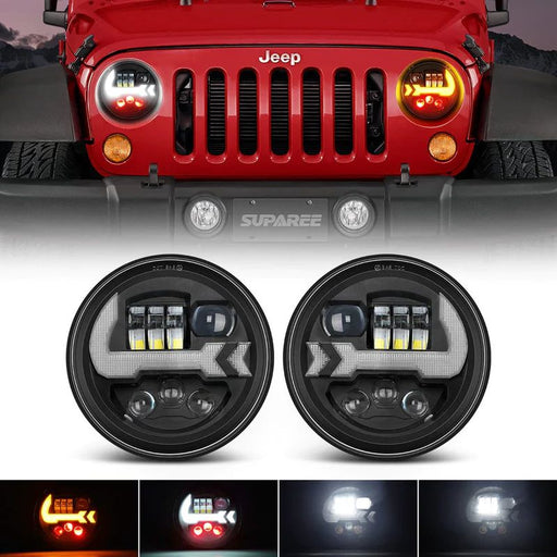 Enhance your Jeep JK with versatile LED headlights, featuring 5-in-1 functionality including High Beam, Low Beam, White Halo, Turn Signal, and Red Mood Lighting.