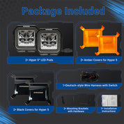 SUPAREE HYPER Series 5-inch LED Pod Lights with Stepped Halo, DRL, IP69K Waterproof – Package contents for SUPAREE LED pod lights including covers, brackets, and wiring.