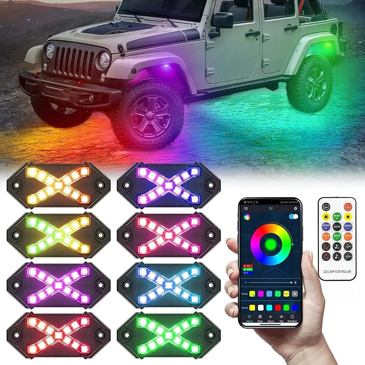 8 pods LED RGB Rock Lights underglow kit For Jeep UTV Universal Car