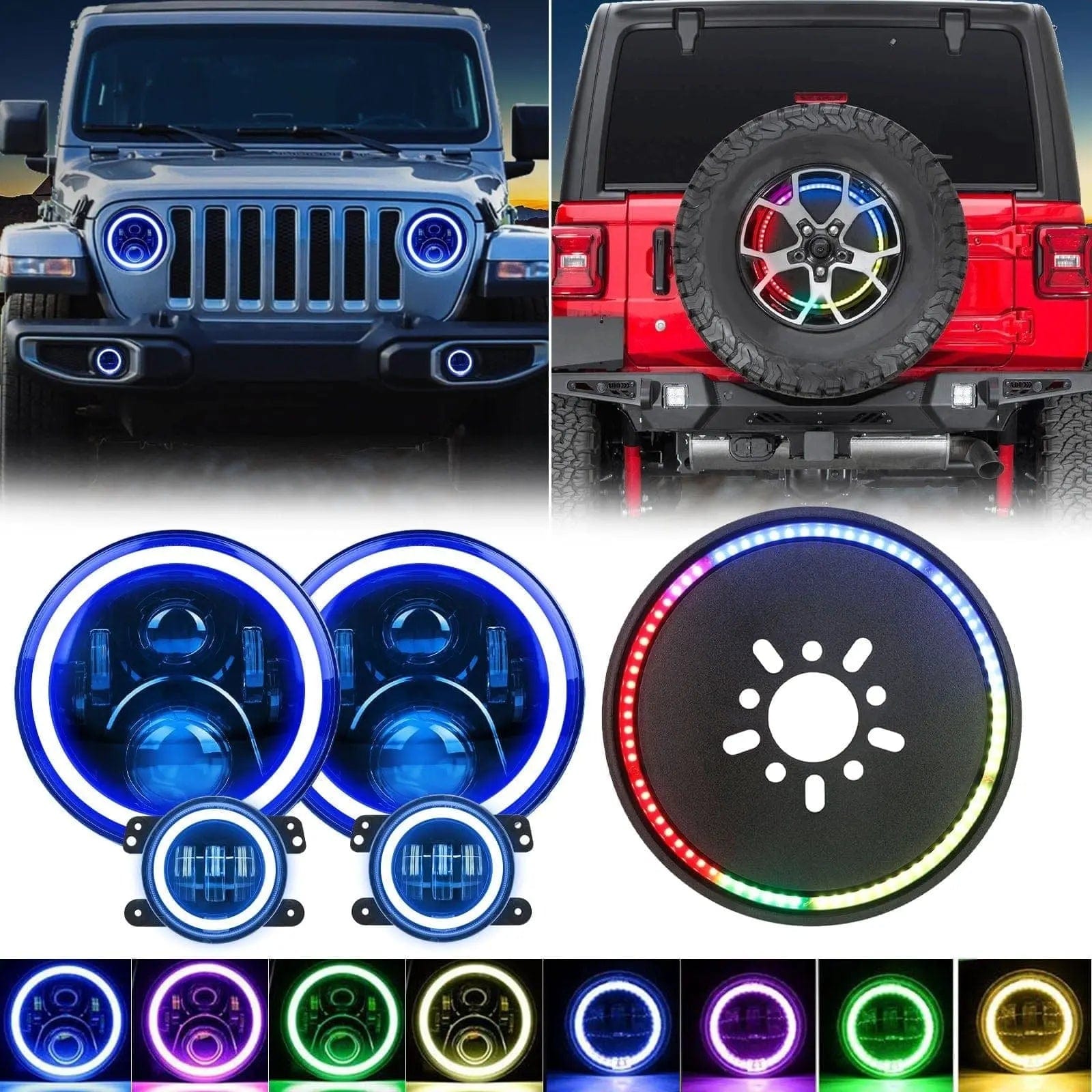 Suparee Jeep Wrangler JK JKU RGB Halo Headlights & RGB Fog lights & 3rd  Brake Light