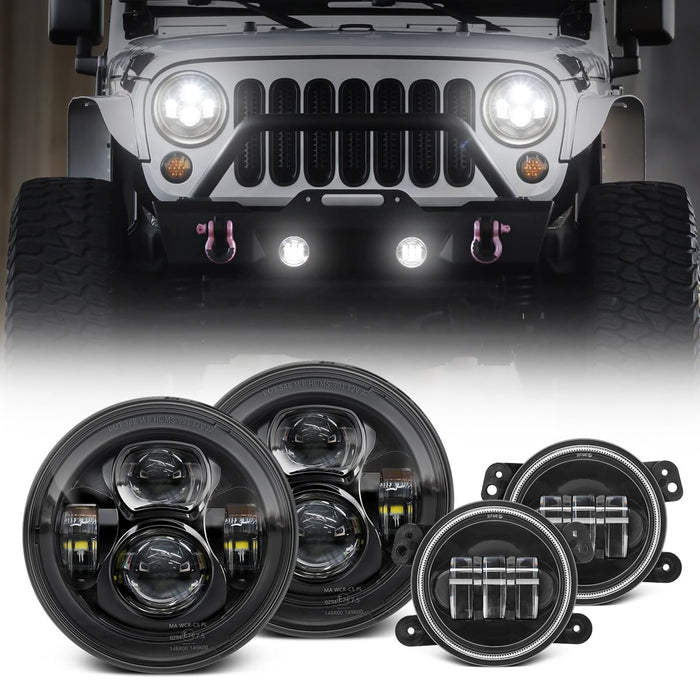 Suparee Jeep 7" Certified LED Headlights & 4" Fog Lights for Wrangler 2007-2018 JK JKU