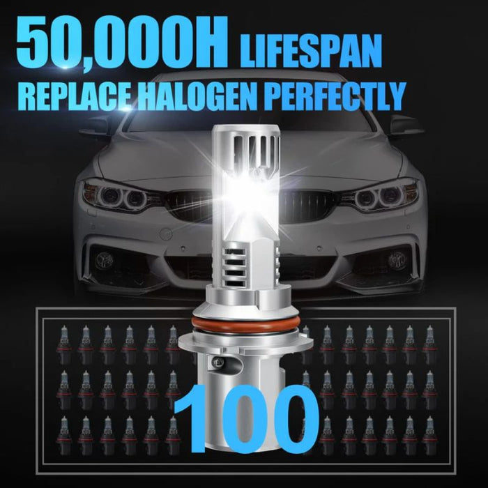 The 9007 LED headlight bulb boasts a 50,000-hour lifespan for long-lasting performance.