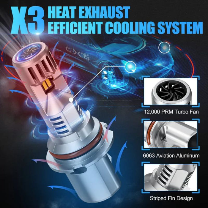 The 9007 LED headlight bulb features an efficient cooling system with heat exhaust.