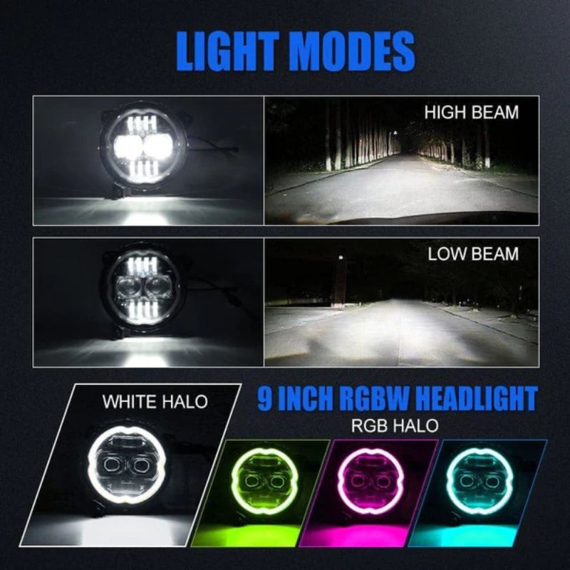 Elevate your Jeep Gladiator with headlights that offer High Beam, Low Beam, White Halo, and RGB Halo functionalities for versatile and stylish lighting options.