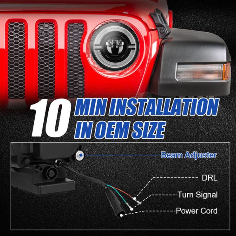 Effortlessly enhance your Jeep Gladiator with Halo LED Headlights – a quick 10-minute installation in the OEM size for a sleek and powerful lighting upgrade.