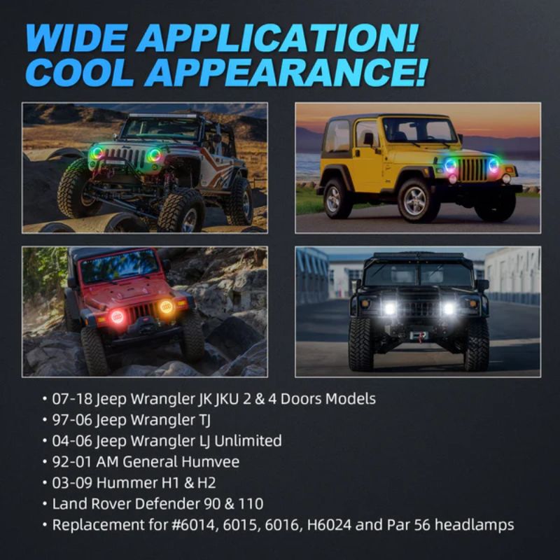  Versatile Jeep LED Headlights with a wide application, ideal for Jeep Wrangler JK, TJ, and LJ models.