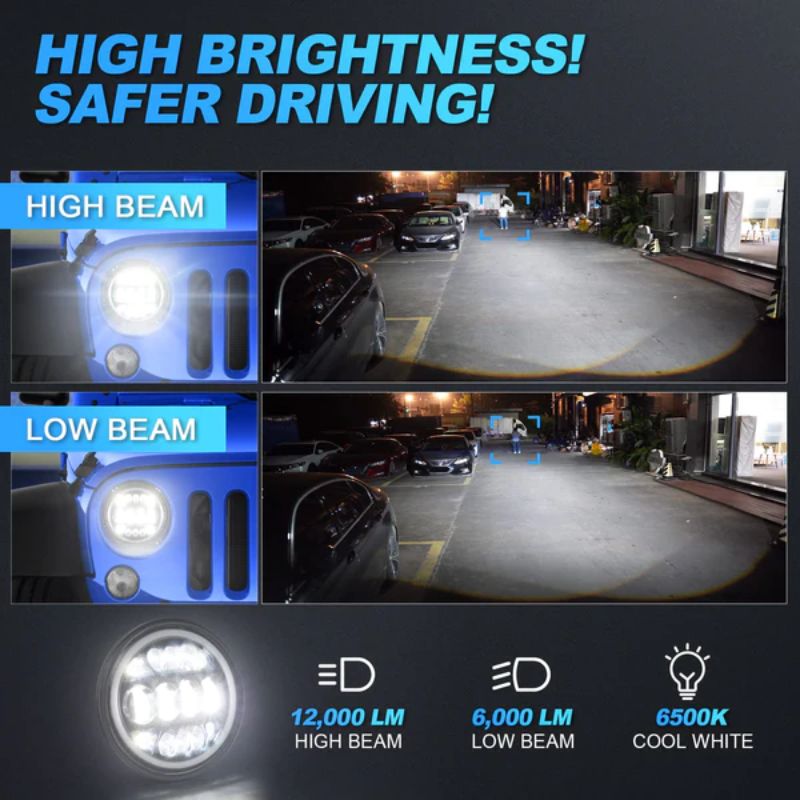 Jeep JK LED Headlights deliver 12000LM (High Beam) & 6000LM (Low Beam) for safer driving.