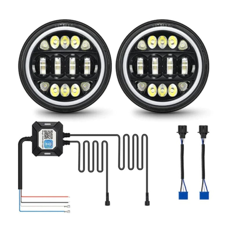 Jeep JK LED Headlights package includes 2x 7 Inch RGB Round LED Headlights, 1x Headlight Control Box, 1x Extension Cord, and 1x Instruction Manual.