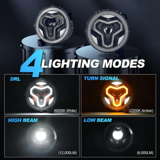 These Jeep Wrangler headlights offer 4 lighting modes: Daytime Running Light, Turn Signal Light, High Beam, and Low Beam.