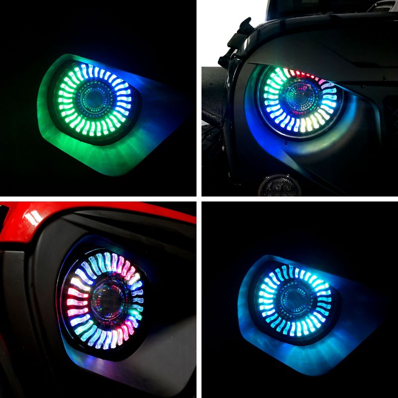 DIY Jeep Wrangler JK LED Headlights with RGB halo and choose your favorite color.