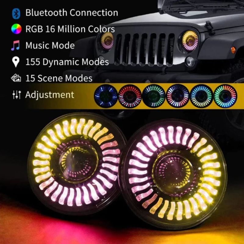 Jeep Wrangler JK LED Headlights feature Bluetooth connection, RGB with 16 million colors, music mode, 155 dynamic modes, and 15 scene modes for personalized adjustment.