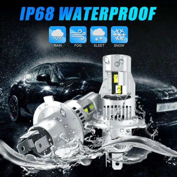 The H4 LED bulb features IP68 waterproof rating, ensuring durability in various weather conditions.