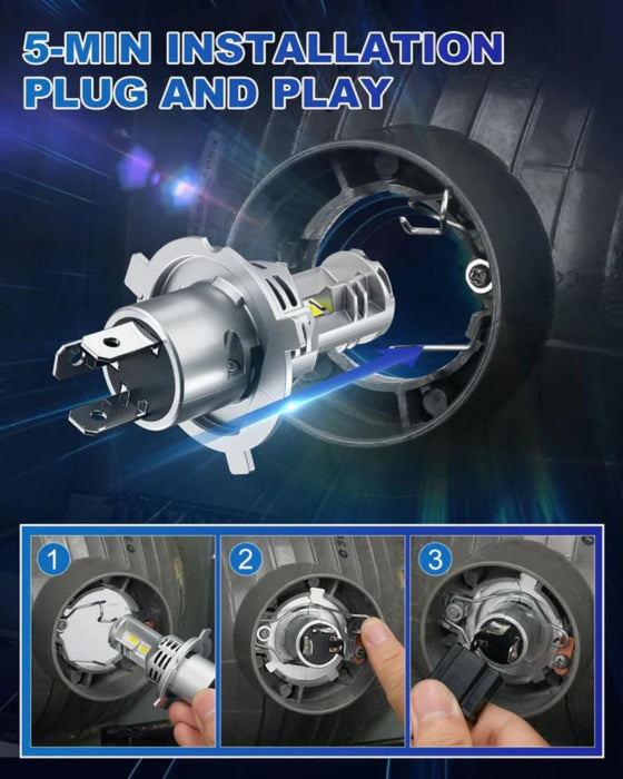 Install the h4 LED headlight bulb in just 5 minutes with its plug-and-play design.