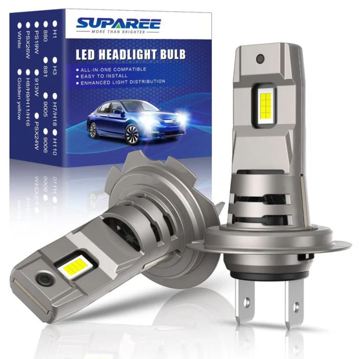 Suparee H7 LED bulbs emit 350% more brightness than halogen bulbs to enhance your nighttime visibility and safety.