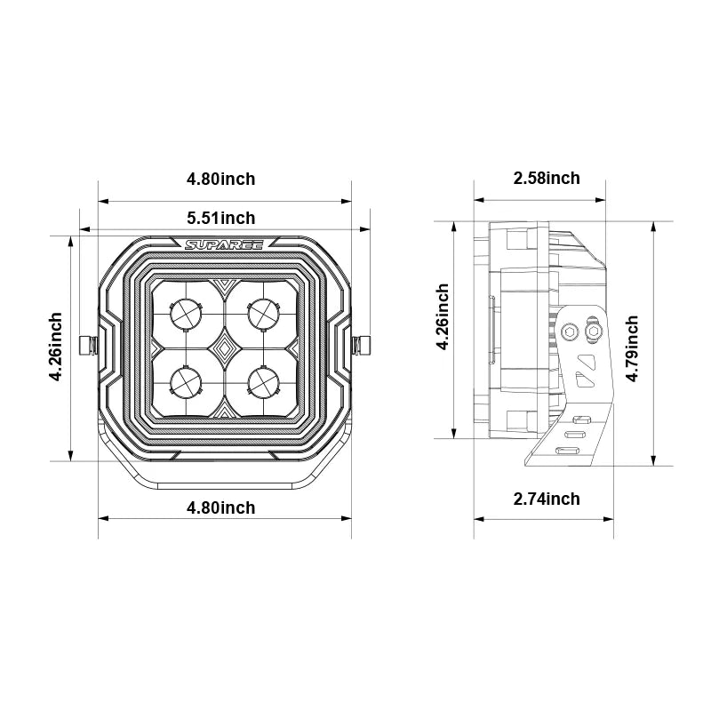 Hyper 5 RGBW 5 inch LED pod light front and side dimension diagram
