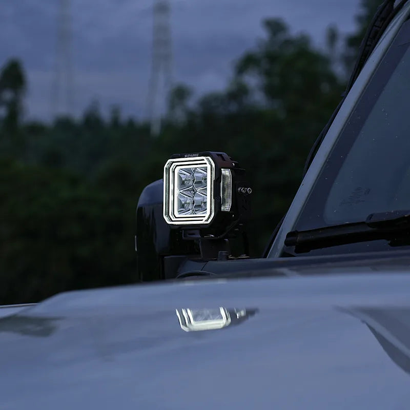 Hyper 5 RGBW LED pod light with white backlight installed at the A pillar