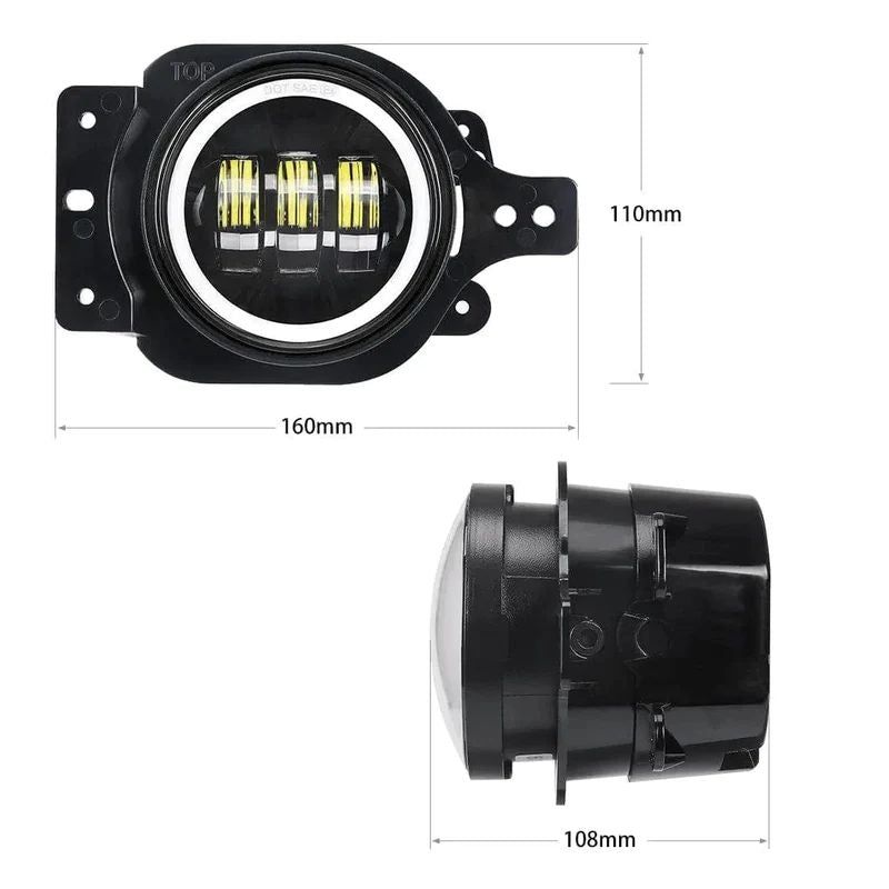 The Jeep fog lights are 4 inches, with a set of 2 for both the driver and passenger sides.