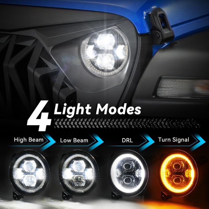 Jeep Gladiator headlights integrate four light modes – High beam, Low beam, Day Running Lights, and Turn Signal Lights within their 9-inch design.