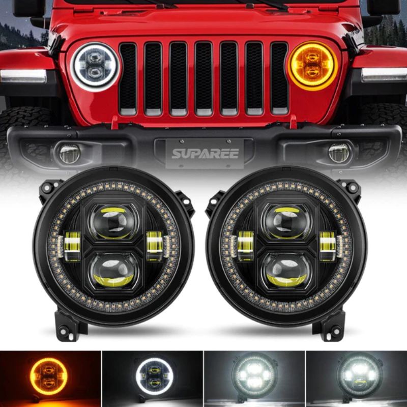 High beam, Low beam, Day Running Lights, Turn Signal Lights are integrated in our 9 Inch Jeep LED Halo headlights.
