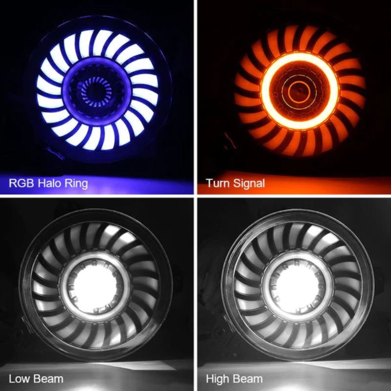 These Jeep Gladiator LED Headlights are equipped with 4 lighting modes: High Beam, Low Beam, Turn signal, and RGB Halo.