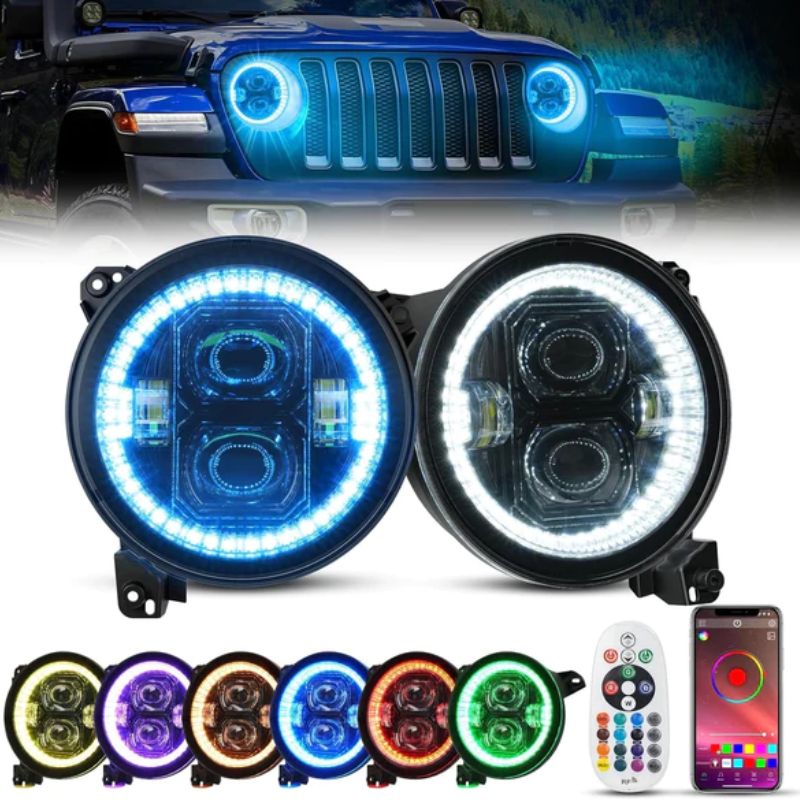 Suparee 9" Jeep RGBW LED Halo Headlights with Remote & APP Control for JL JT