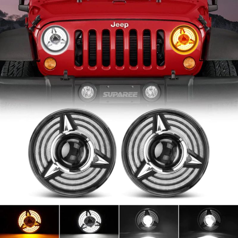 Illuminate the way with our LED Jeep Headlights, showcasing a triple halo ring DRL and amber sequential turn signals for enhanced visibility and style.