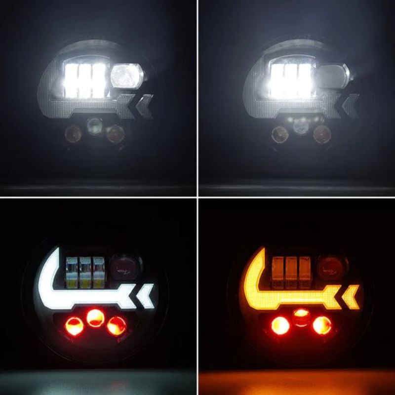 These Jeep JK LED headlights are equipped with red mood lights for 4 lighting modes: High Beam, Low Beam, White Halo, and Turn Signal.