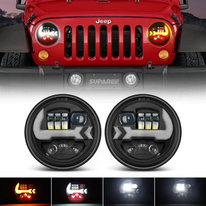 Enhance your Jeep JK with versatile LED headlights, featuring 5-in-1 functionality including High Beam, Low Beam, White Halo, Turn Signal, and Red Mood Lighting.