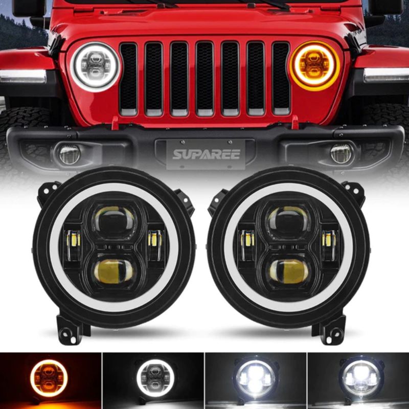 The Jeep JL Halo Headlights, featuring White Daytime Running Lights and Amber Turn Signals for enhanced visibility and style.