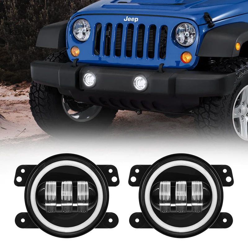 Jeep Wrangler fog lights with a white DRL Halo provide a brilliant luminous light output, enhancing visibility and style.