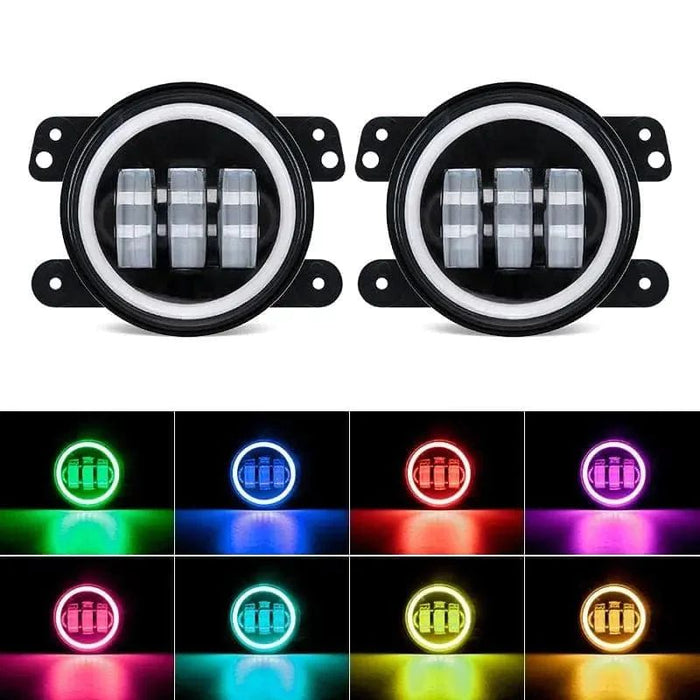 Jeep Wrangler fog lights with RGB Halos offer preset colors, patterns, music sync, and DIY options for a customized and dazzling lighting experience.