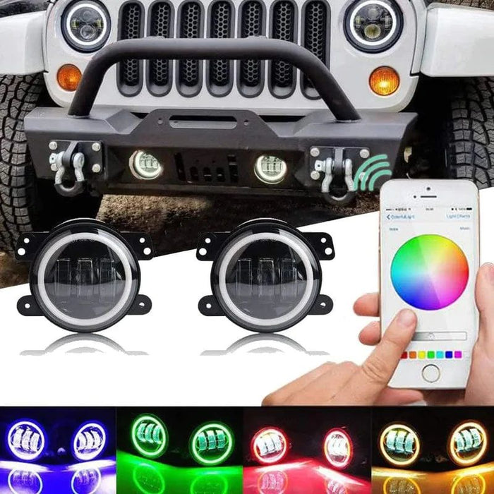 Jeep Wrangler fog lights with Bluetooth-controlled RGB Halo, offering a variety of matched colors for customizable and vibrant lighting.