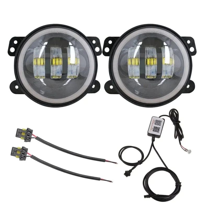 We provide a pair of Jeep Wrangler fog lights, along with a control box and wiring harness for a comprehensive lighting solution.
