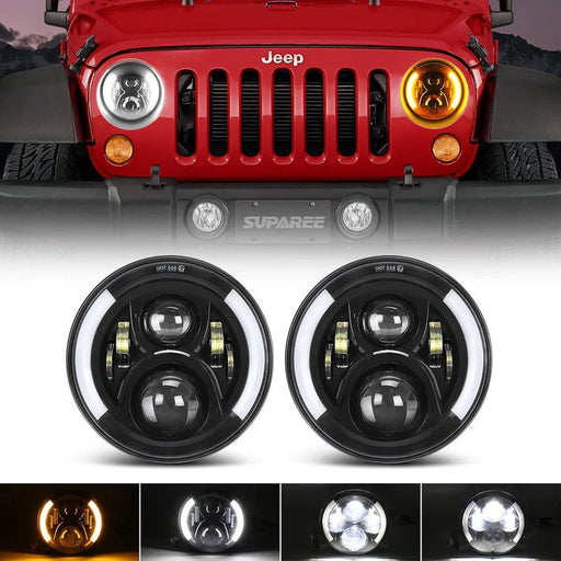 Upgrade your Jeep Wrangler with dual-mode halo headlights, where Amber/White Dual-Color Switchback LED Halo Rings function as both DRLs and Turn Signals.