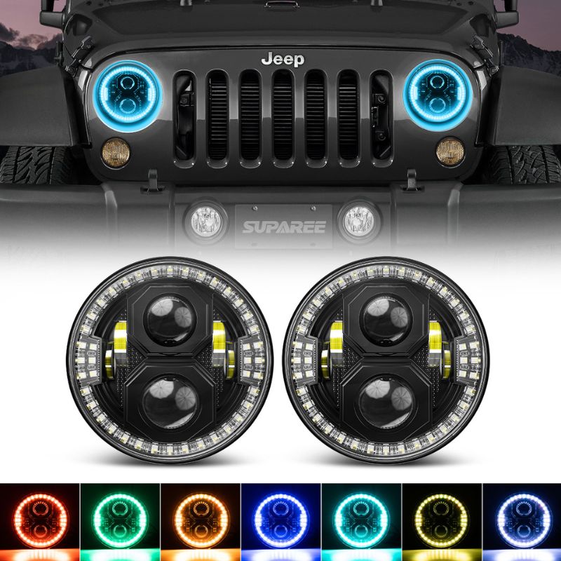 Illuminate the night with our Jeep Wrangler headlights featuring vibrant RGB halos. 