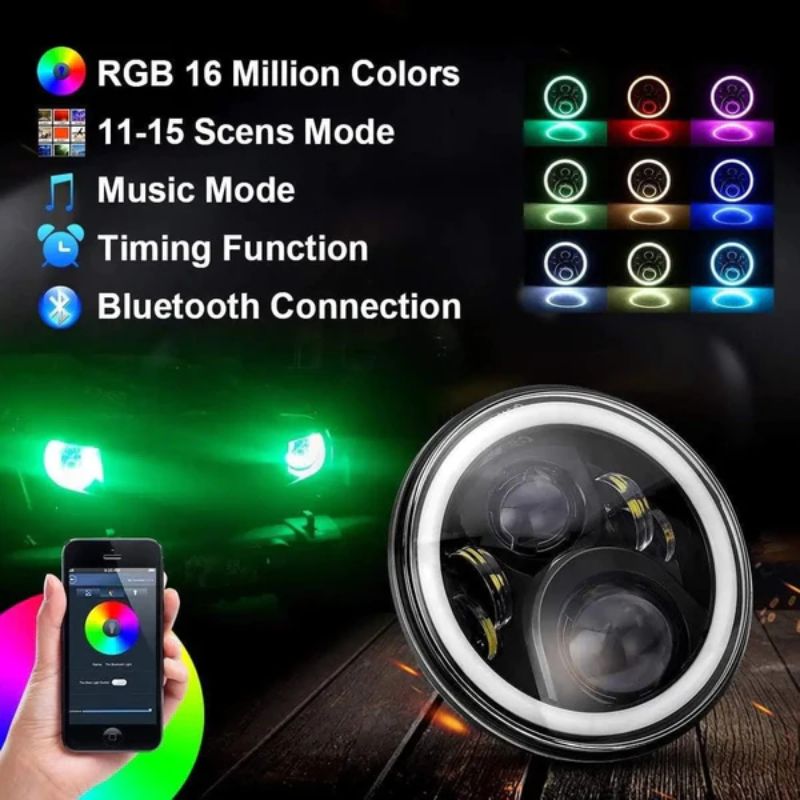 Jeep Wrangler JK Headlights feature Bluetooth connection, RGB with 16 million colors, music mode, 155 dynamic modes, and 15 scene modes for personalized adjustment.