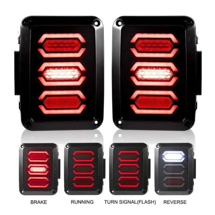 Illuminate your Jeep Wrangler JK with LED Tail Lights, offering functions for running, brake, turn signal, and reverse lights.