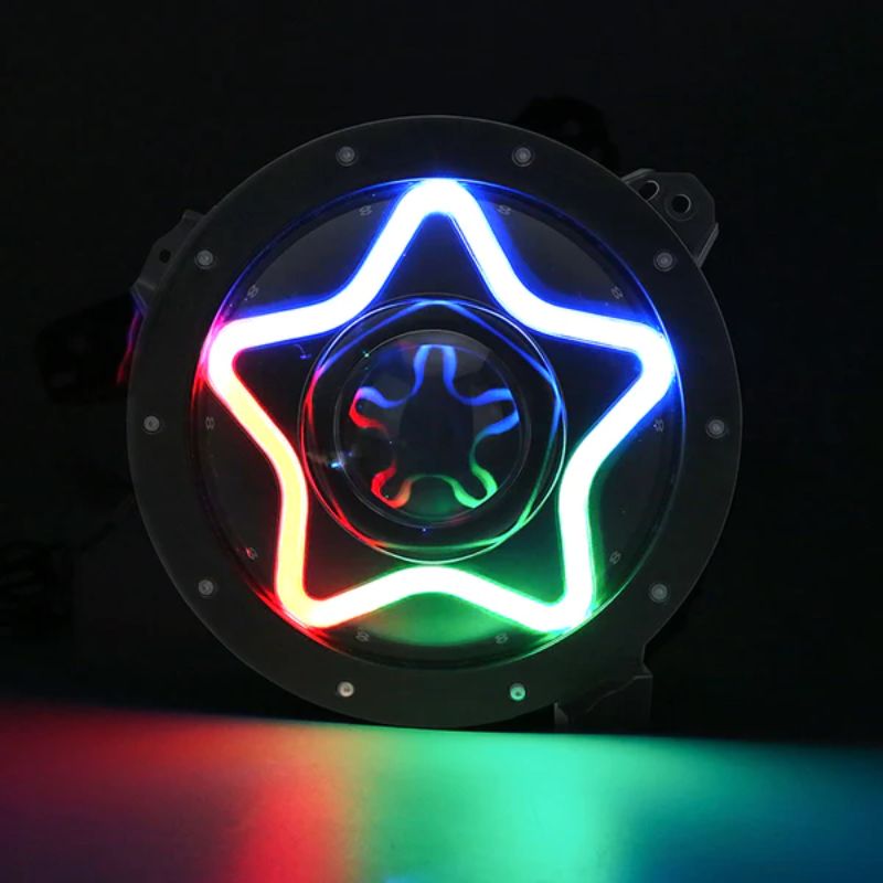These LED Jeep Headlights feature a star-shaped chasing RGB design with an amber turn signal and multi-function halo.