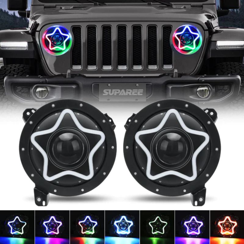  Illuminate the road with our LED Jeep Headlights featuring star-shaped chasing RGB lights, amber turn signals, and a multi-function halo, delivering a unique and dynamic lighting experience.