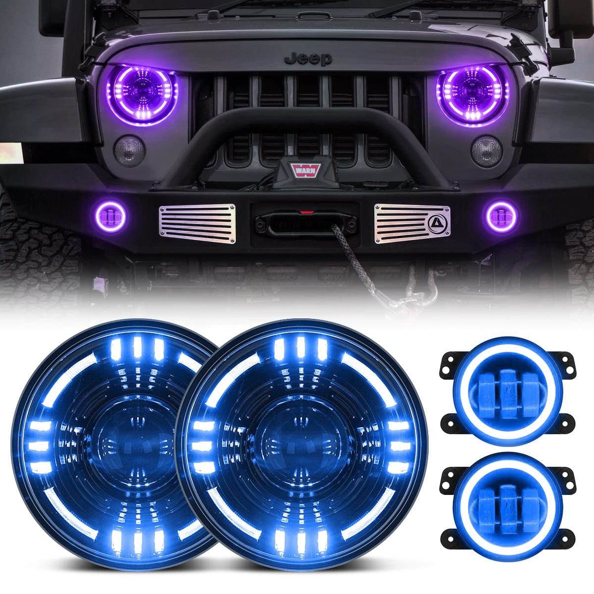 SUPAREE.COM Jeep Combo Suparee 7" Jeep LED RGBW Headlights & RGB Halo Fog Lights for Wrangler JK JKU Product description