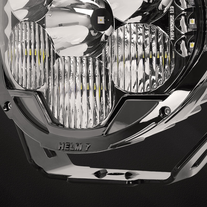 Close-up of SUPAREE HELM 7 optical reflector and lens design for controlled low beam and combo beam output