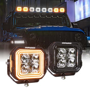 Reflection of amber stepped halo from SUPAREE HYPER 5in IP68 LED off-road light on vehicle hood.