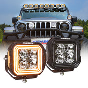 SUPAREE HYPER Series 5-inch LED Pod Lights with Stepped Halo, DRL, IP69K Waterproof installed on Jeep Wrangler JL – Front view of Jeep Wrangler JL with installed LED pods.
