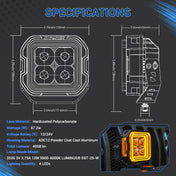 SUPAREE HYPER Series 5-inch LED Pod Lights with Stepped Halo, DRL, IP69K Waterproof – SUPAREE LED pod light technical specifications diagram with dimensions and lumen output.
