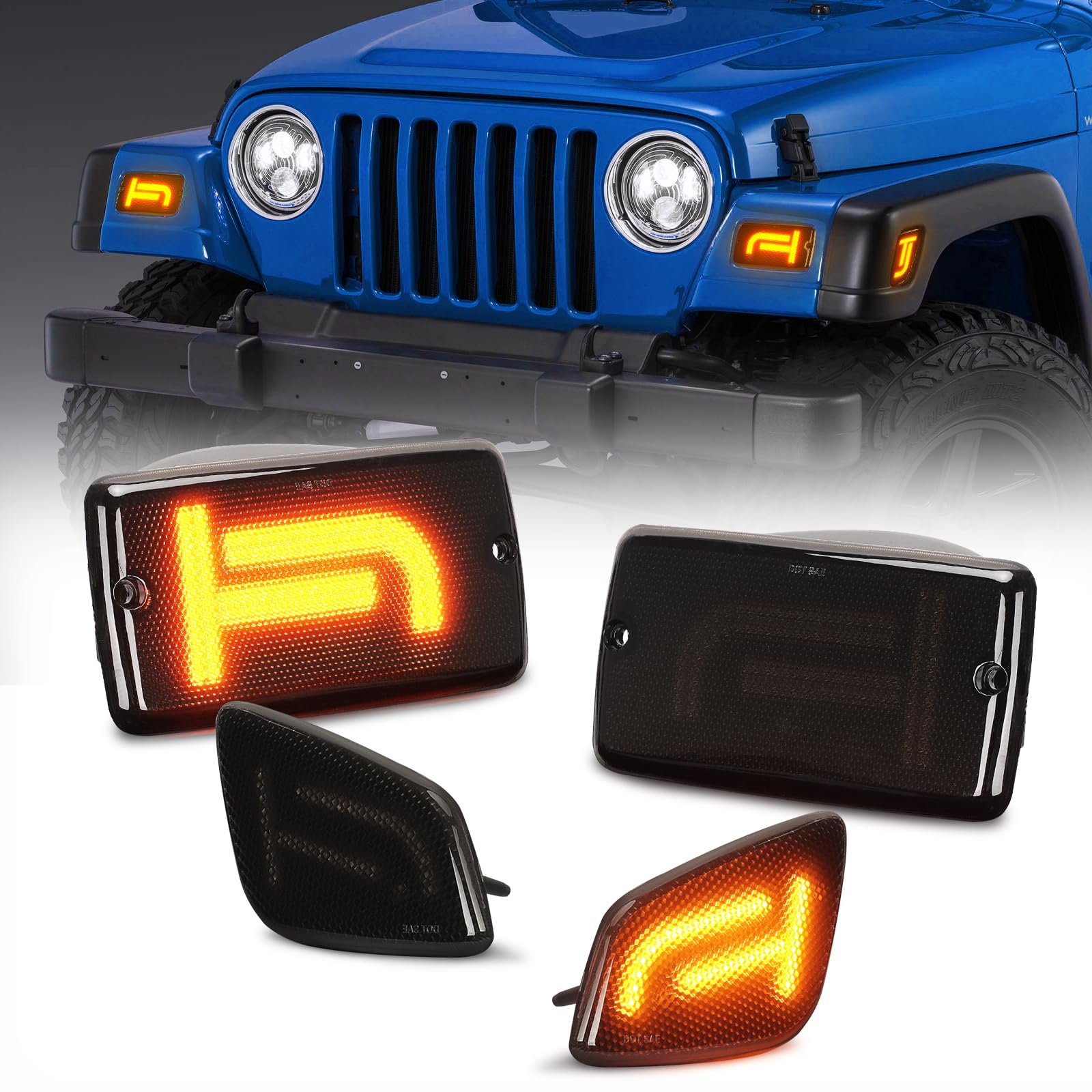 Jeep Wrangler Turn Signals Smoked Amber LED Front Turn Signal Lights For Jeep Wrangler JK 2007-2018 – Direct Replacement, Road Legal Amber LED Car & Truck Turn Signal Light Assemblies - Foto 6