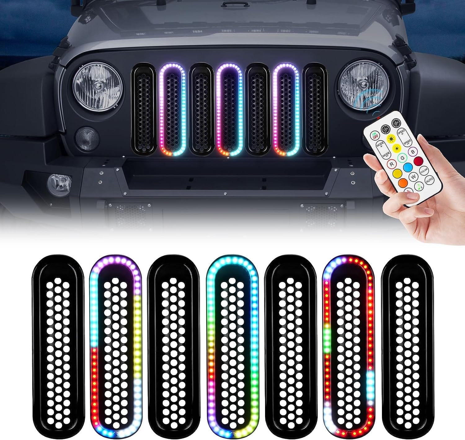 SUPAREE Jeep Grille Light Suparee Jeep Wrangler Grille Inserts with RGB White DRL Lights for 2007-2015 JK JKU Product description
