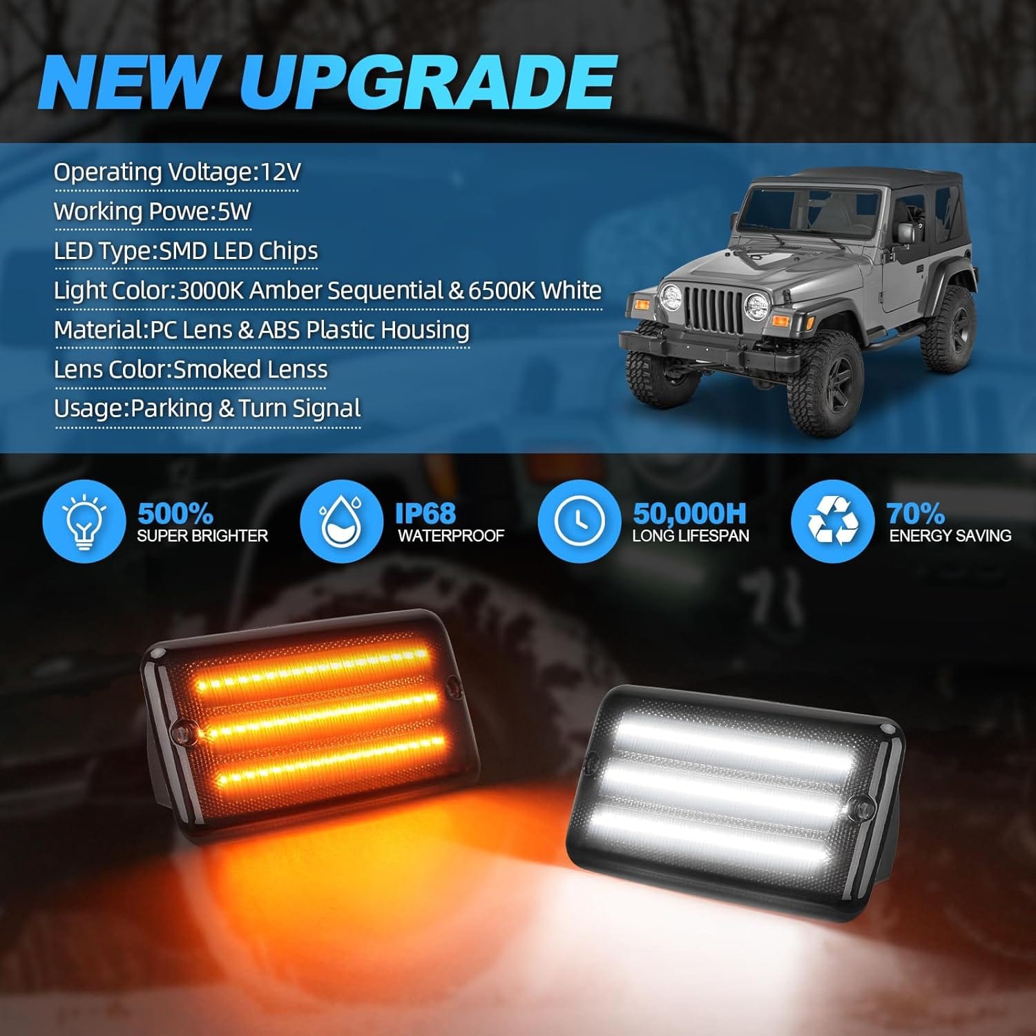 SUPAREE Jeep Turn Signal Lights Suparee Jeep LED Turn Signal Lights Sequential Amber for Wrangler TJ 1997-2006 Product description