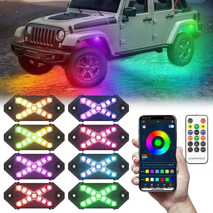 8 pods LED RGB Rock Lights underglow kit For Jeep UTV Universal Car SUPAREE.COM