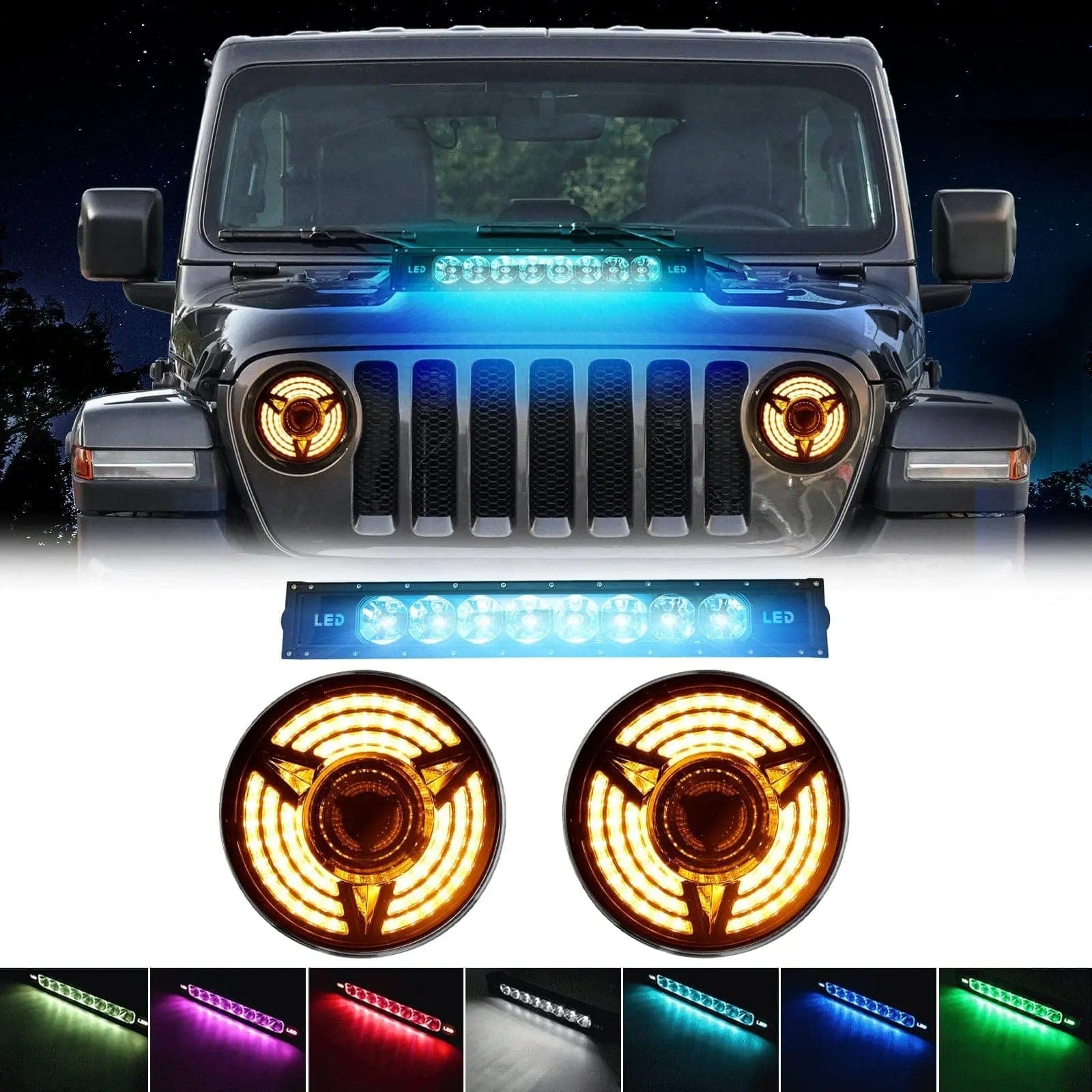 Suparee 7'' Jeep Headlights With Turn Signal & 22" RGB Light Bar SUPAREE.COM